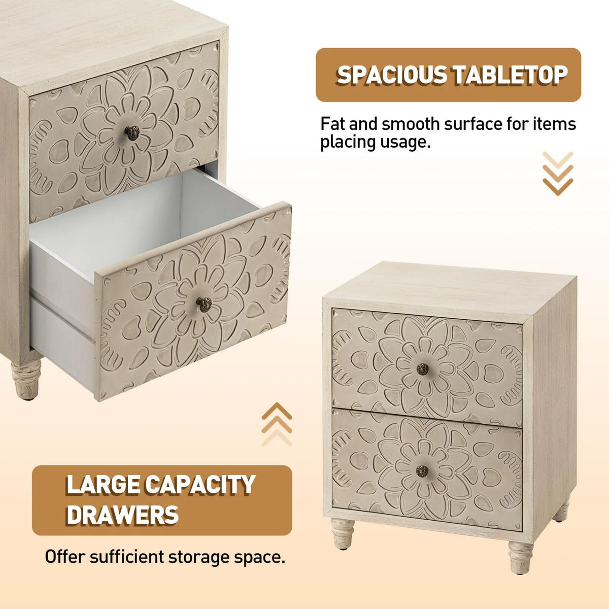 FOROUTIA Wooden Nightstand with 2 Drawers,Vintage MDF Bedside Tables with Storage