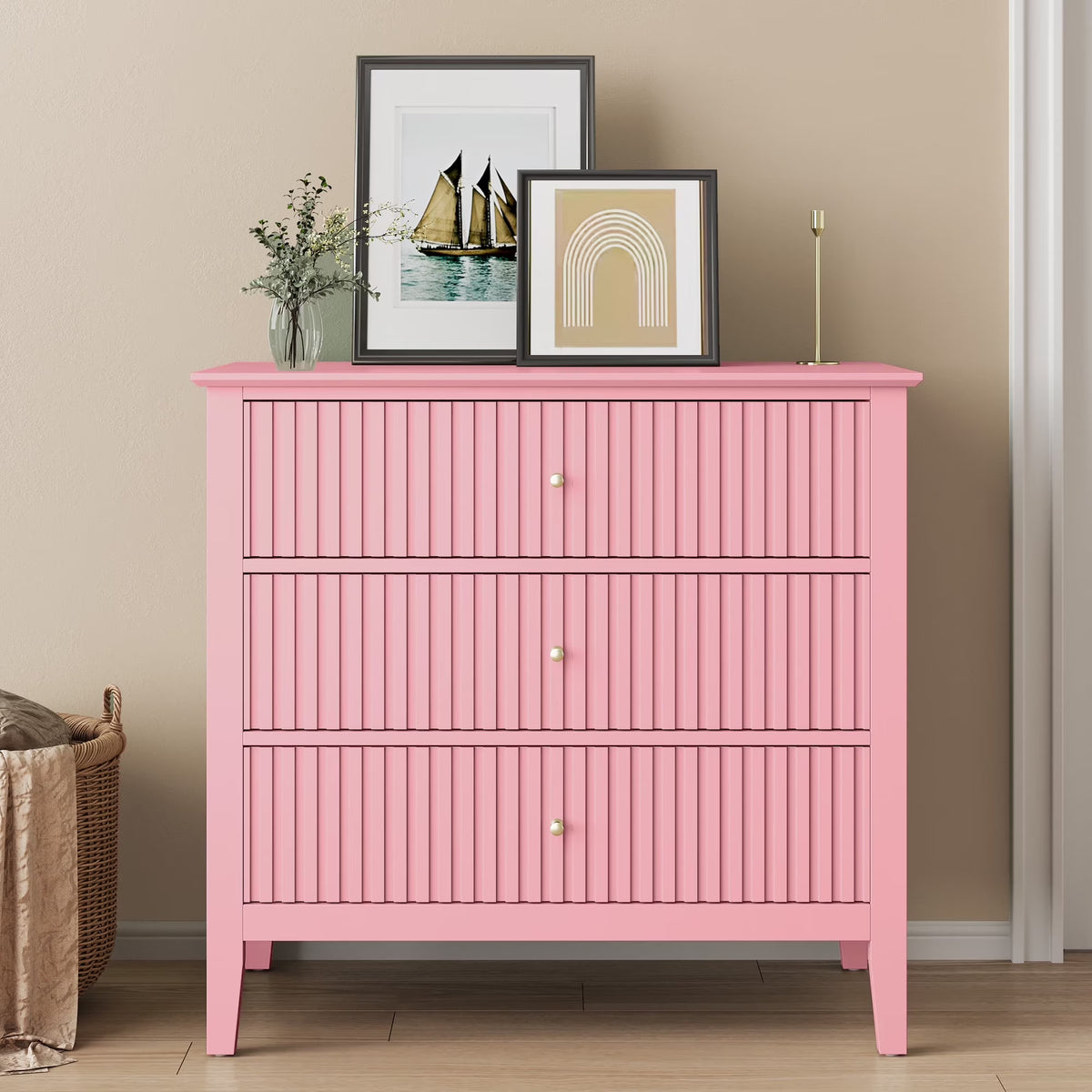 Heynemo Beige 6 Drawer Dresser, Fluted Modern Wood Chest