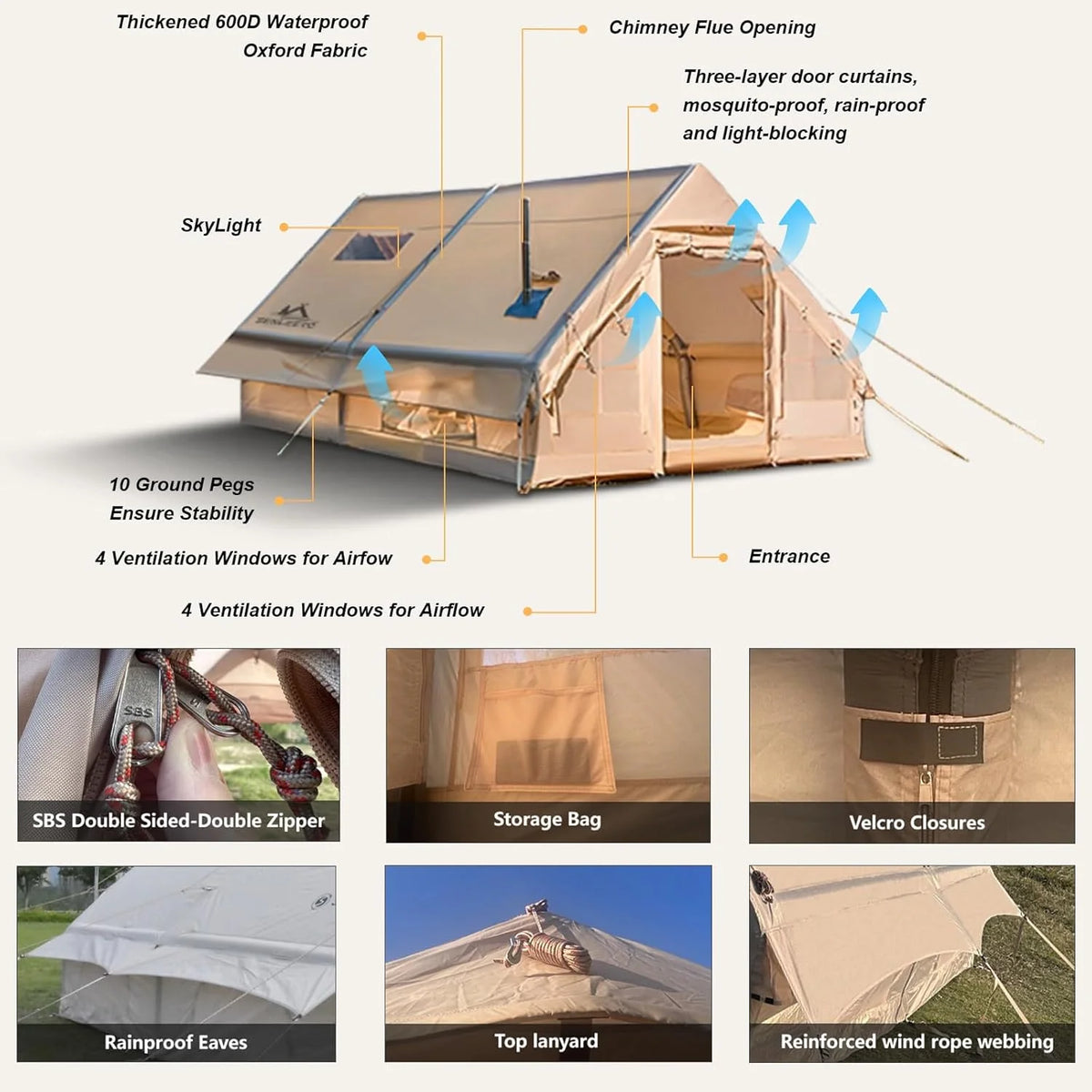 9.8' x 7' Inflatable Camping Tent,4 Season Blow up Tents for Camping, 4-6 Person Inflatable Tent with Stove Jack,Air Tents,Glamping Tent,Waterproof Luxury House with Mesh Window