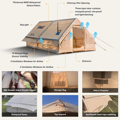 9.8' x 7' Inflatable Camping Tent,4 Season Blow up Tents for Camping, 4-6 Person Inflatable Tent with Stove Jack,Air Tents,Glamping Tent,Waterproof Luxury House with Mesh Window