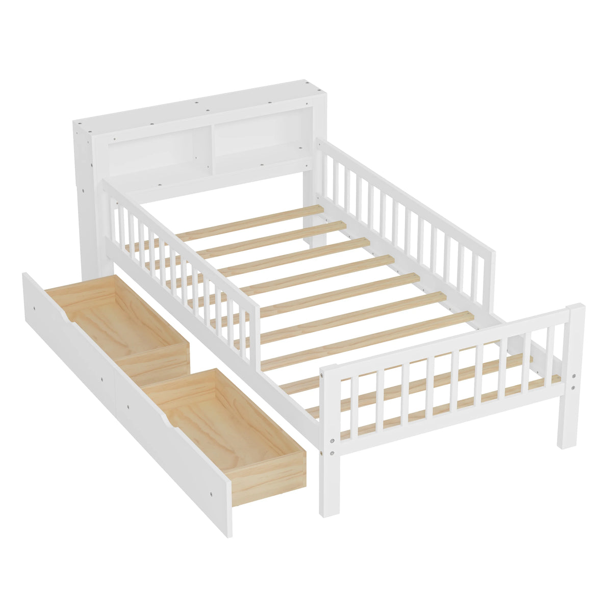 Euroco Wood Twin Size Platform Bed with Storage Headboard and Drawers, Low Profile Bed with Guardrails for Kids and Toddlers, White