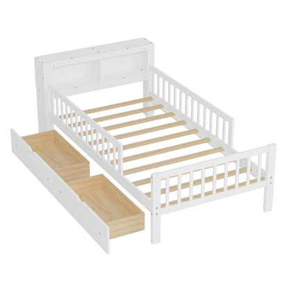Euroco Wood Twin Size Platform Bed with Storage Headboard and Drawers, Low Profile Bed with Guardrails for Kids and Toddlers, White