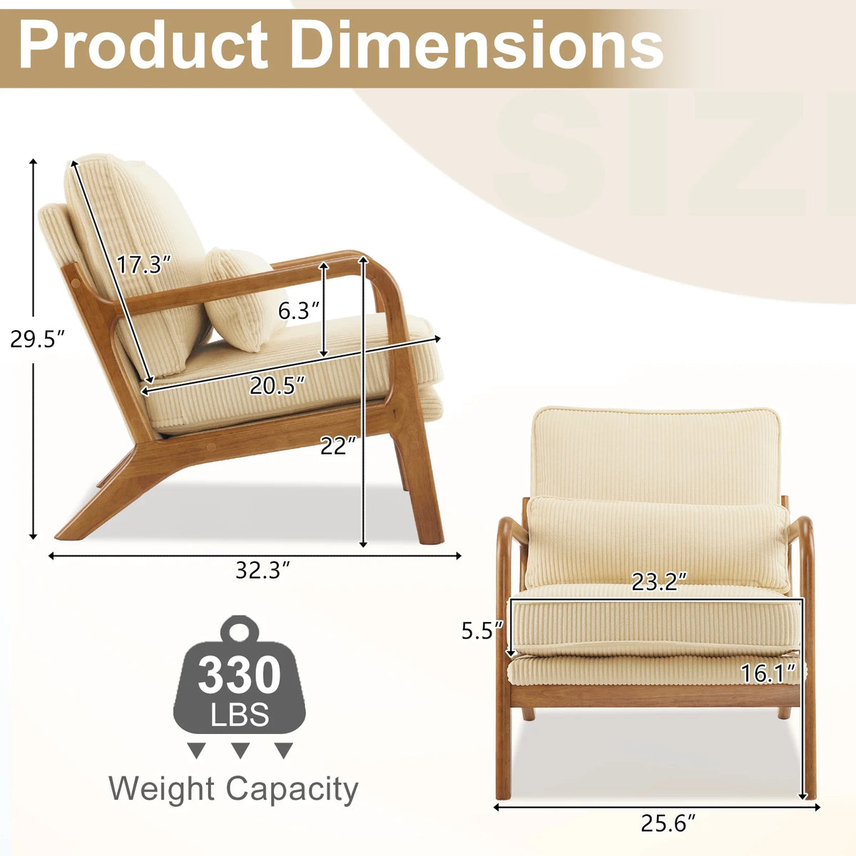 Ktaxon Accent Chair Corduroy Upholstered Armchair, Reading Club Chair with Pillow and Solid Wood Frame for Living Room Bedroom Furniture Off White