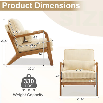 Ktaxon Accent Chair Corduroy Upholstered Armchair, Reading Club Chair with Pillow and Solid Wood Frame for Living Room Bedroom Furniture Off White