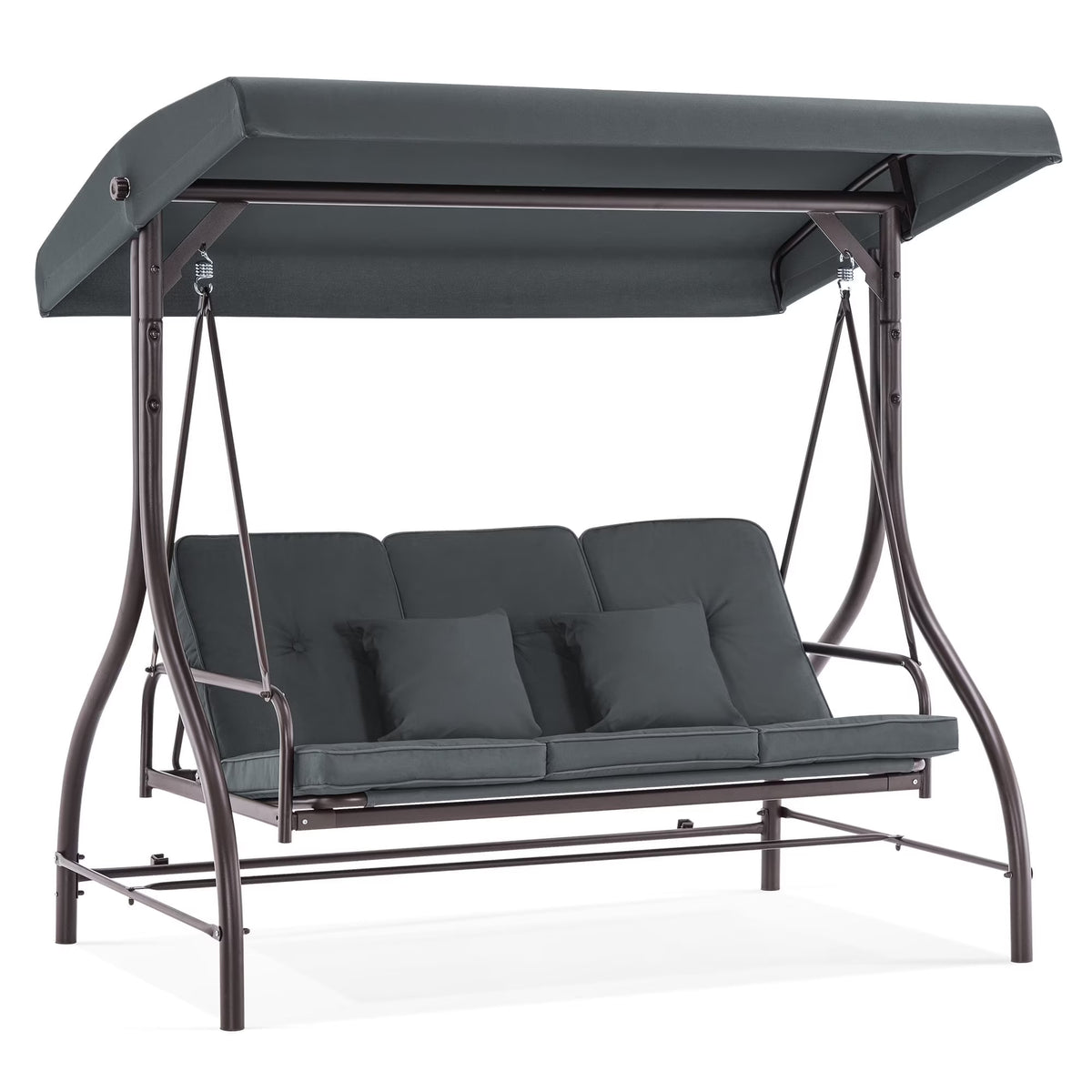 MCombo 3-Seat Outdoor Patio Swing Chair Cushioned with Adjustable Backrest and Canopy, Pillow, Brown