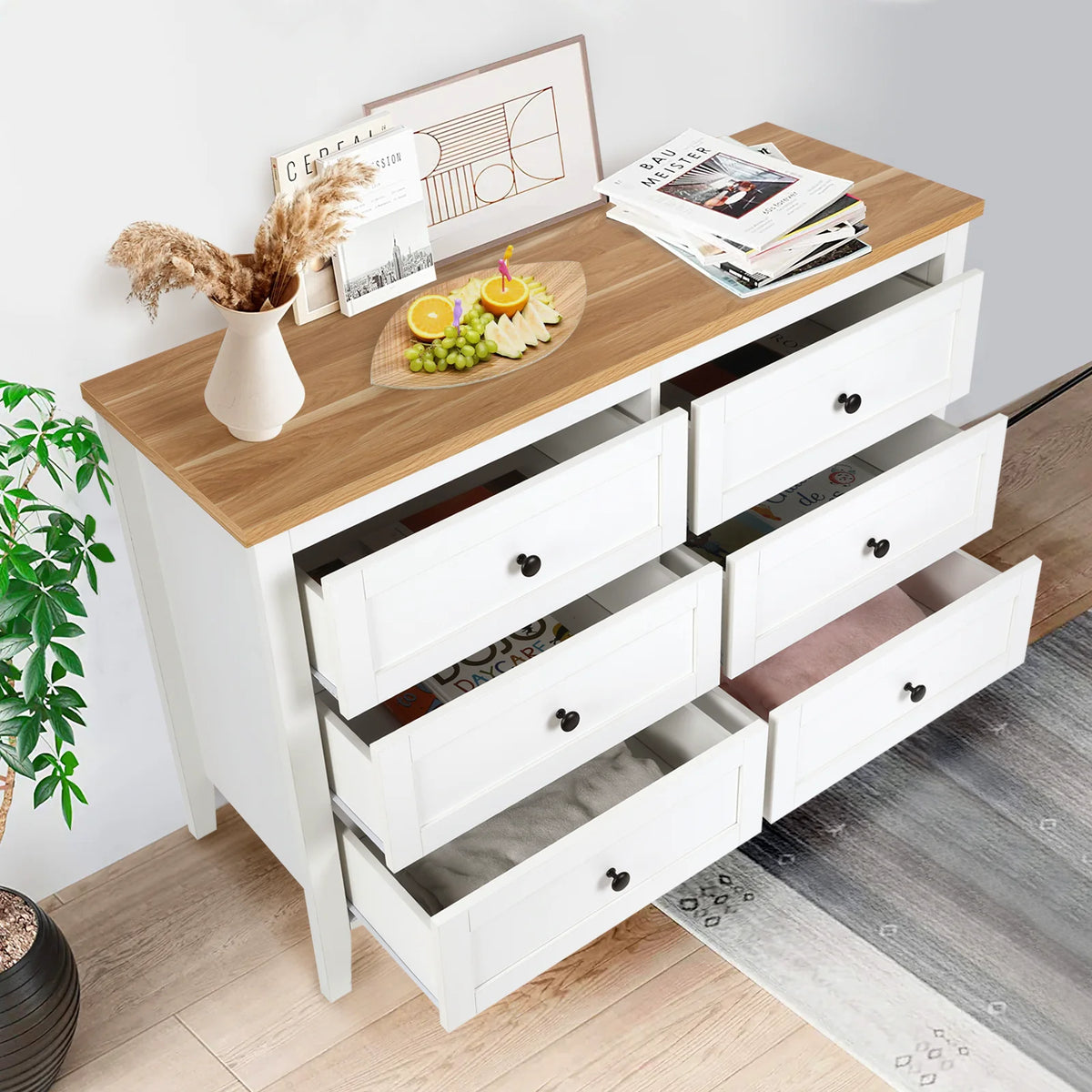 RichYa 6 Drawer Dresser for Bedroom,Chest of Drawers with Metal Knobs,Dresser for Closet,White