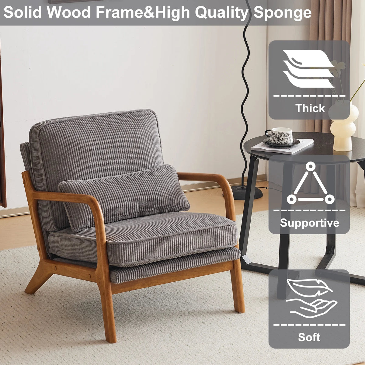 Ktaxon Accent Chair Corduroy Upholstered Armchair, Reading Club Chair with Pillow and Solid Wood Frame for Living Room Bedroom Furniture Off White