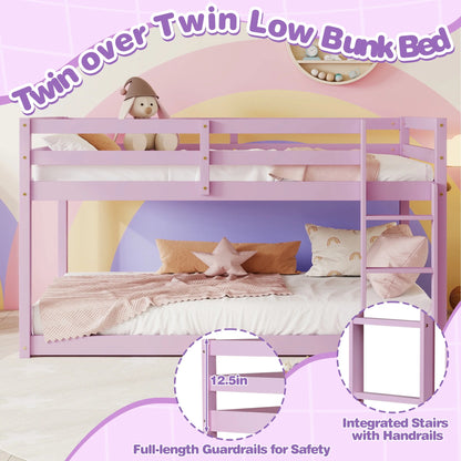 SESSLIFE Bunk Bed Twin Over Twin, Low Floor Bunk Bed with Guard Rails for Dorm, Small Space, No Box Spring Needed(White)
