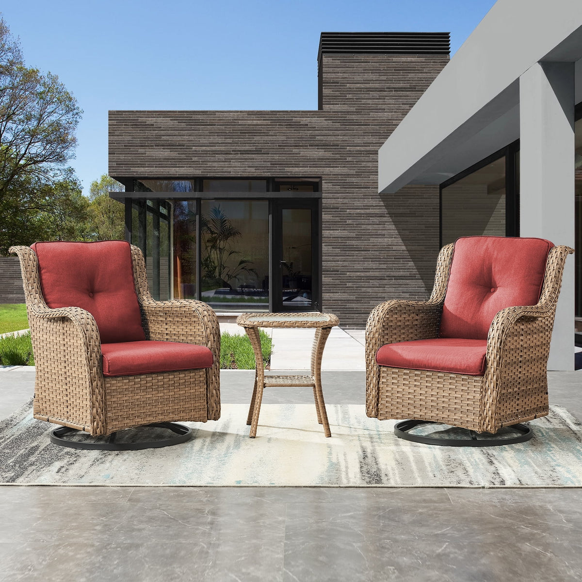 POCASSY 3 Piece Patio Set Outdoor Wicker Glider Rocking and Swivel Chairs with Cushions