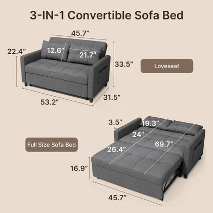 Sofa Bed, Lofka 3-in-1 Convertible Sleeper Sofa with Storage, Adjustable Backrest & Pull Out Function - Sleeper Chair for Small Space, Apartment, Dark Grey