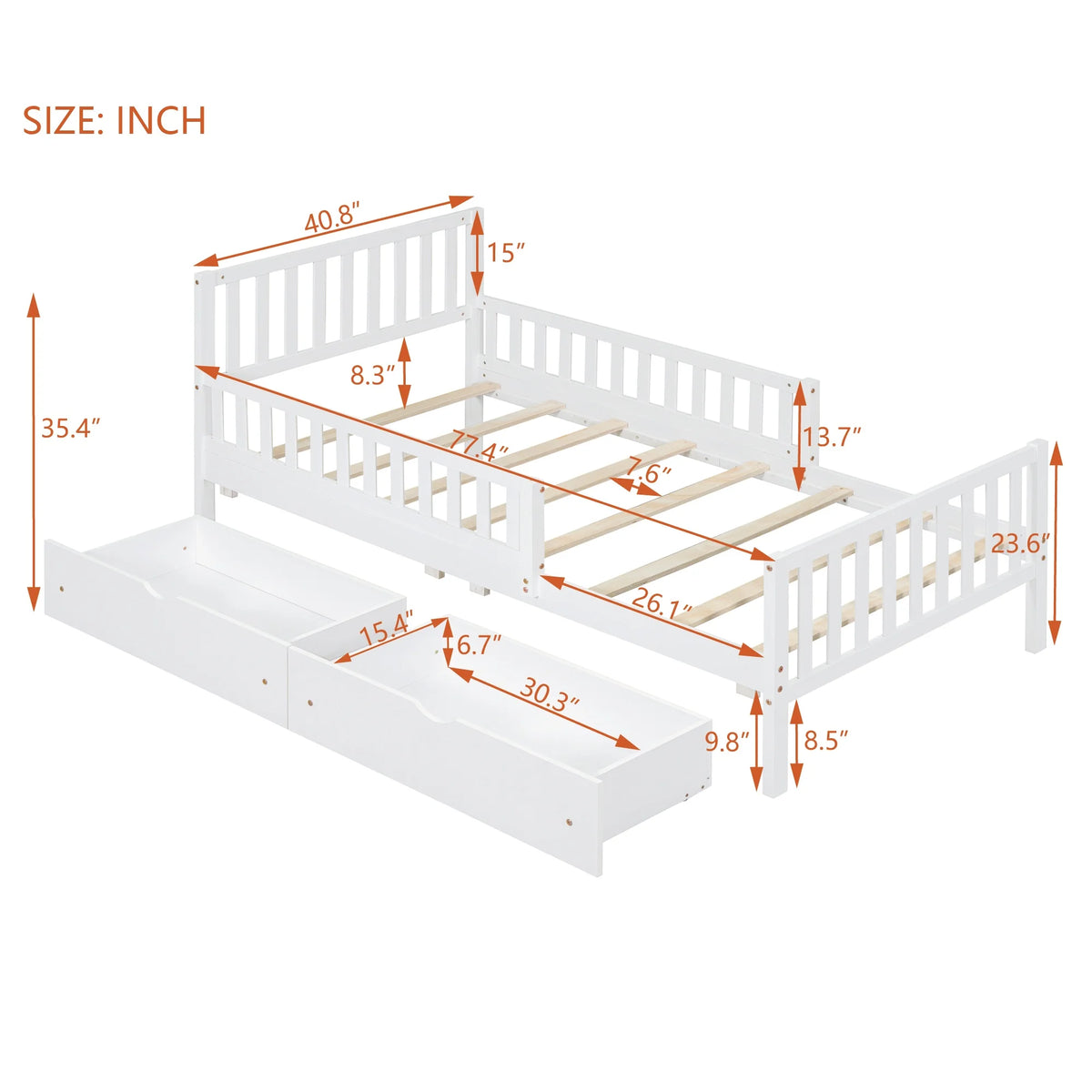 Bellemave Twin Bed with Storage Drawers and Fence Rails, Wood Platform Beds Frame with Headboard, Twin Size Storage Bed for Kids Boys Girls Teens��White)