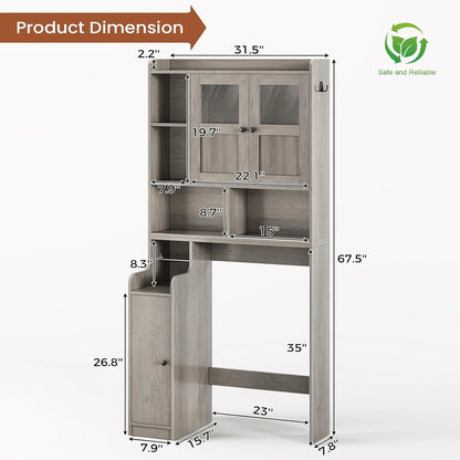 Over The Toilet Storage Cabinet with 3 Doors, Farmhouse Space Saver for Bathroom Organizer with Paper Holder, 10 Shelves and Hooks, 7-Tier Over Washing Machine Cabinet for Laundry, Bathroom, Natural