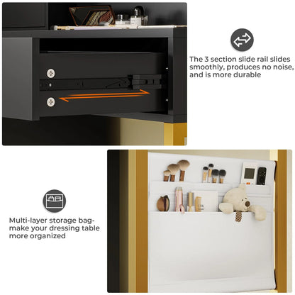 Makeup Vanity Desk with Lighted Mirror & Charging Stations & 6 Drawers Large Vanity Table Bedroom Dressing Table with Glass Tabletop&Side Cabinet&Glass Tabletop, Black