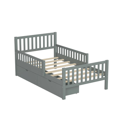 Bellemave Twin Bed with Storage Drawers and Fence Rails, Wood Platform Beds Frame with Headboard, Twin Size Storage Bed for Kids Boys Girls Teens��White)