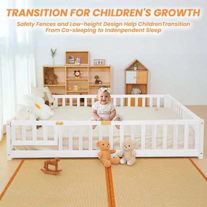 Slsy Twin Size Toddler Floor Bed, Solid Wood Montessori Bed Frame with Fence & Door Montessori Floor Bed Crib with Safety Guardrails for Girls and Boys