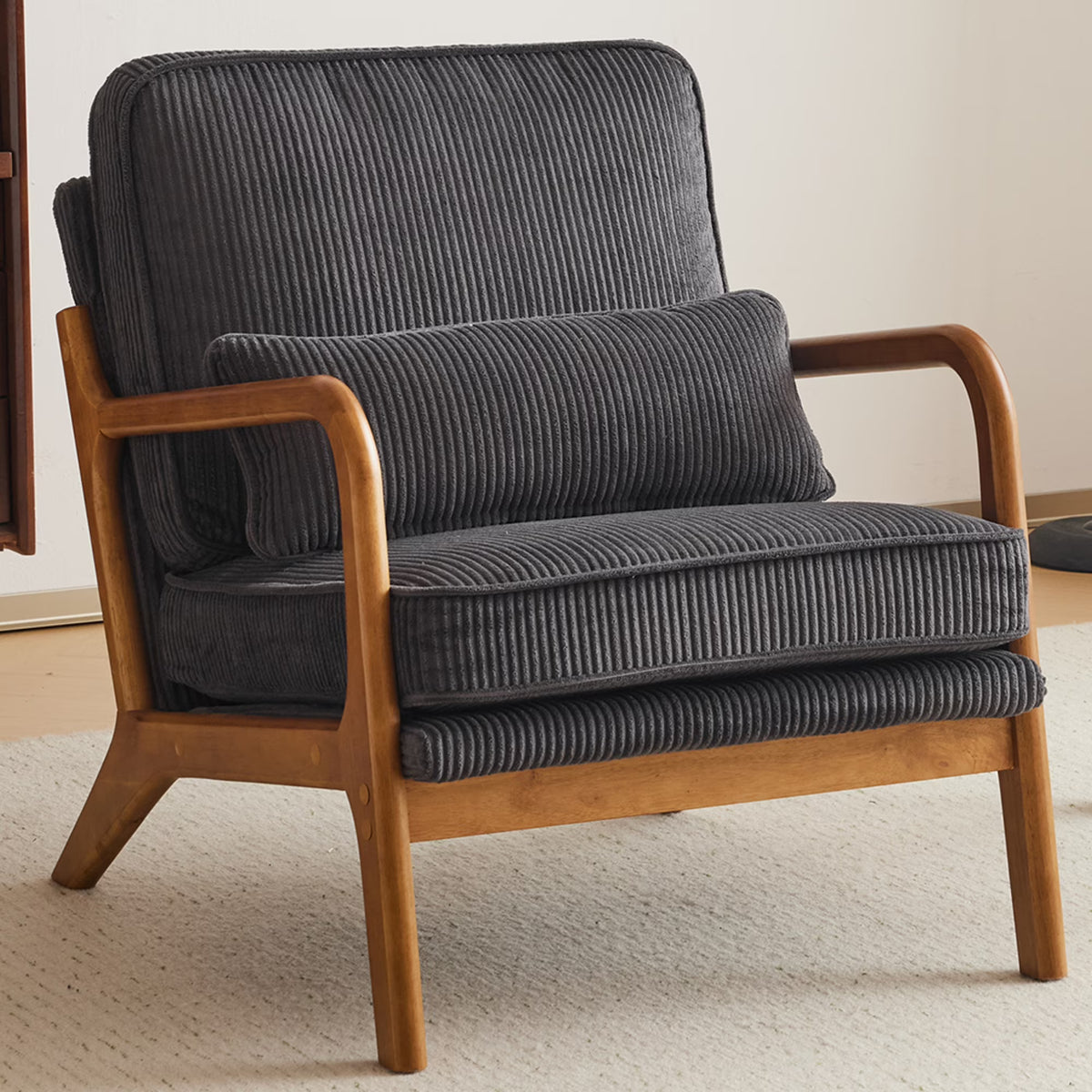 Ktaxon Accent Chair Corduroy Upholstered Armchair, Reading Club Chair with Pillow and Solid Wood Frame for Living Room Bedroom Furniture Off White