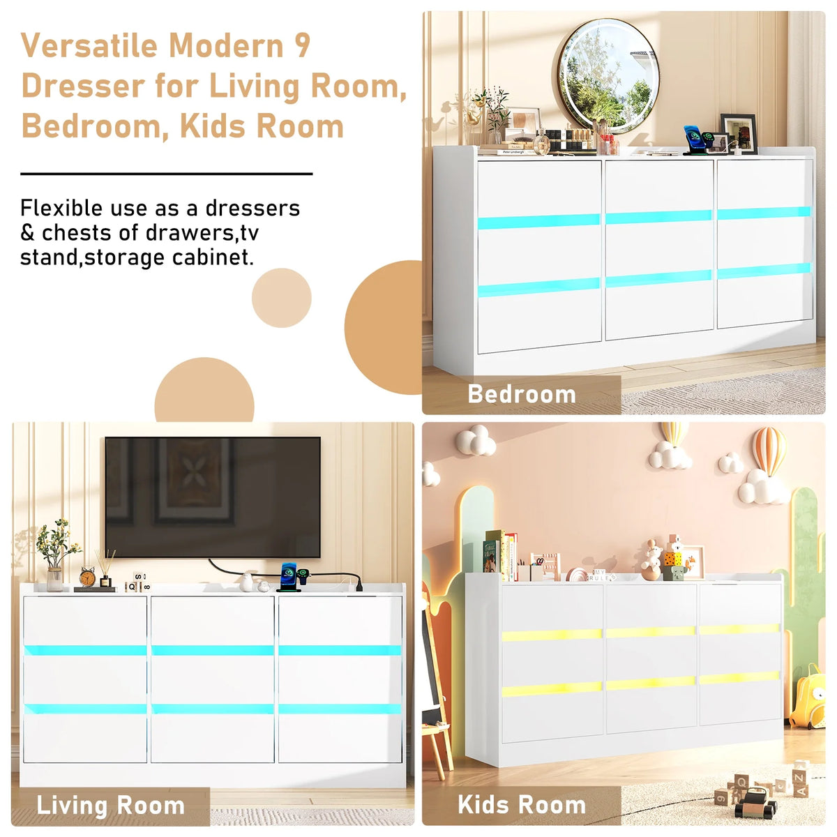 9 Drawer Dresser for Bedroom with Power Outlet, 63" Large Dresser with LED Light, Wooden Dresser For Closet, Chest of Drawers with Raised Edges