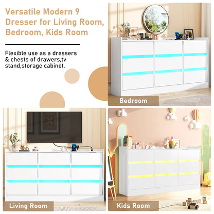 9 Drawer Dresser for Bedroom with Power Outlet, 63" Large Dresser with LED Light, Wooden Dresser For Closet, Chest of Drawers with Raised Edges