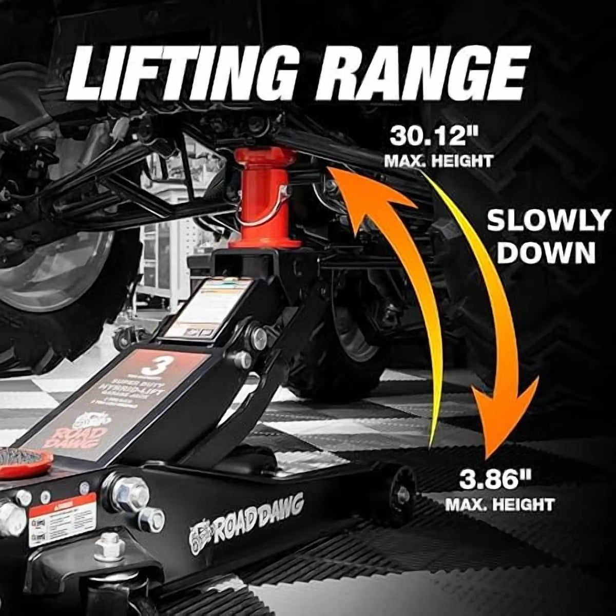 ROAD DAWG Hydraulic Low and High Profile Professional Grade Foldable Garage Service/Floor Jack with Quick Lift Pump, 3 Ton (6,600 lb) Capacity, Black