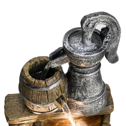Outdoor Floor Rustic 5-Tiered Barrel and Pump Water Fountain for Garden and Patio Decor