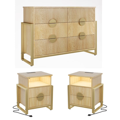 LGHM 3 Piece Bedroom Dresser and Nightstand Set, Fluted Wide Chest of Drawers, Bed Side Table End Table with LED Lights for Living Room, Black