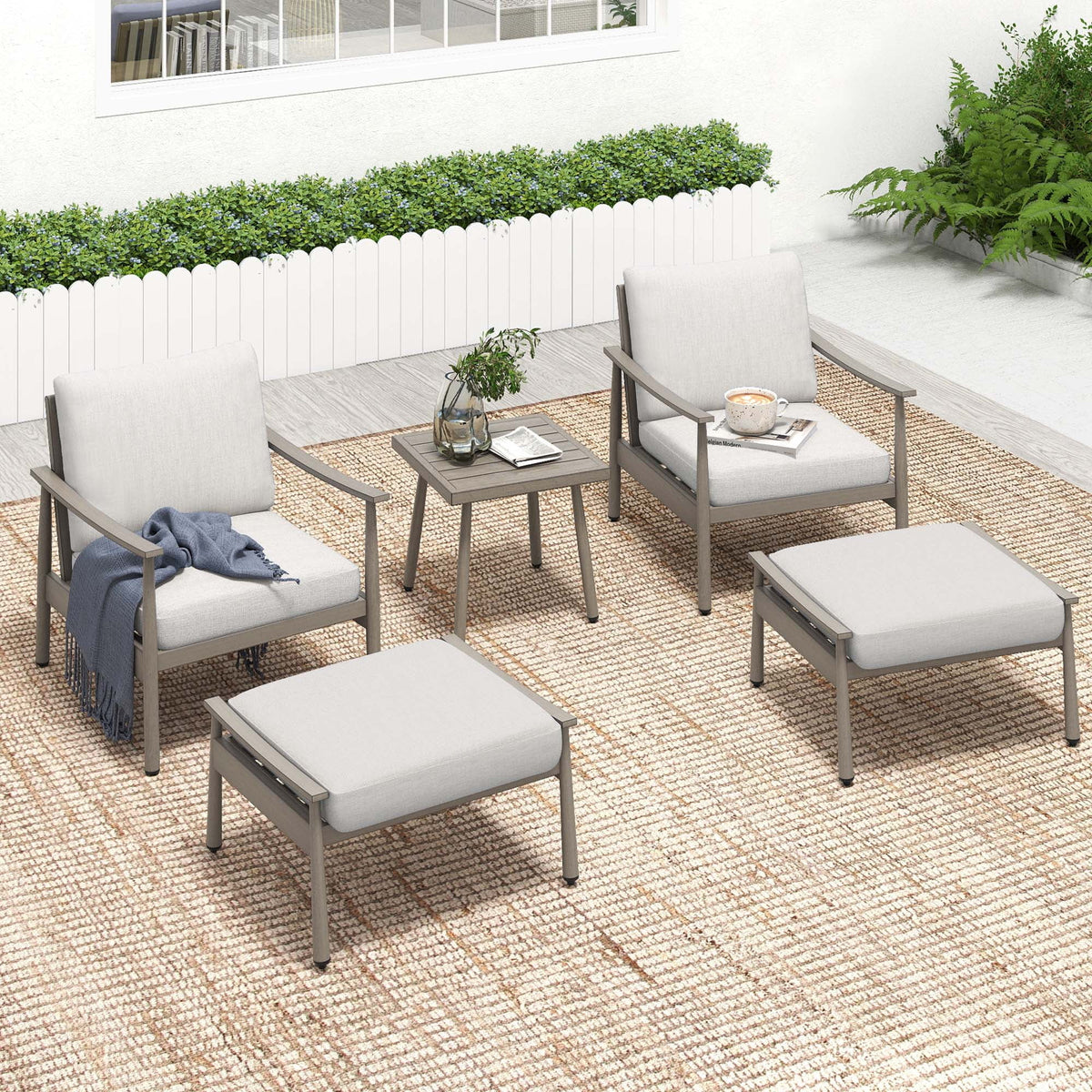 HAPPATIO Aluminum Outdoor Furniture Set - 5 Pieces Patio Furniture Set Includes 1 Side Table, 2 Swivel Chairs and 2 Ottomans with Thick Cushion, Patio Conversation Set for Backyard Poolside (Grey)