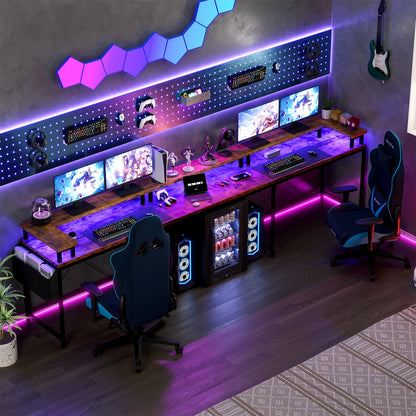 Yesfashion U Shaped Computer Gaming Desk, Reversible L Shaped Desk with Power Outlets, LED Strip & Monitor Stand, Large Corner Desk with Storage Shelves