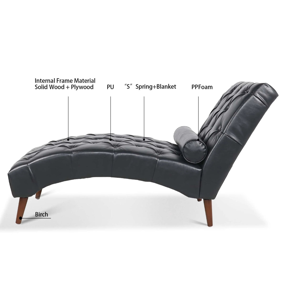 Upholstered Chaise Lounge, Indoor Recliner Sleeper Chair with Lumbar Pillow, Tufted Lounge Chair with Solid Wood Legs, Single Armless Rest Sofa Chair for Living Room Bedroom Office, Black PU