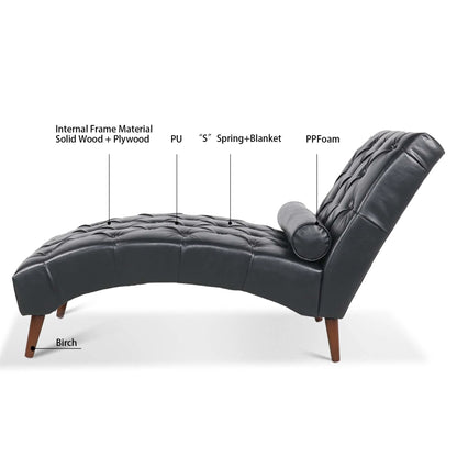 Upholstered Chaise Lounge, Indoor Recliner Sleeper Chair with Lumbar Pillow, Tufted Lounge Chair with Solid Wood Legs, Single Armless Rest Sofa Chair for Living Room Bedroom Office, Black PU