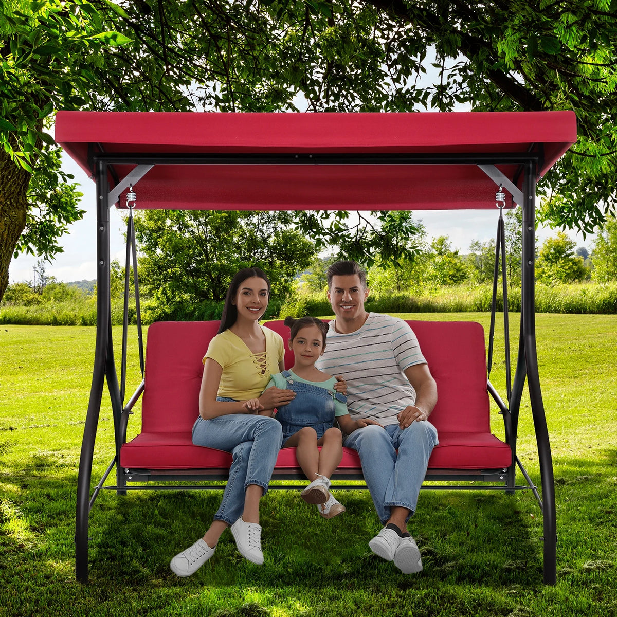Pirecart 3 Person Patio Porch Swing Outdoor Converting Swing Glider Hammock with Adjustable Canopy, Cushions, Red