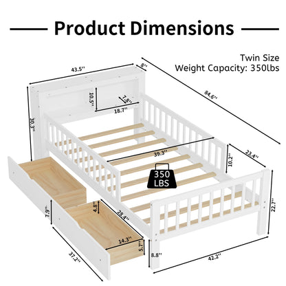 Euroco Wood Twin Size Platform Bed with Storage Headboard and Drawers, Low Profile Bed with Guardrails for Kids and Toddlers, White