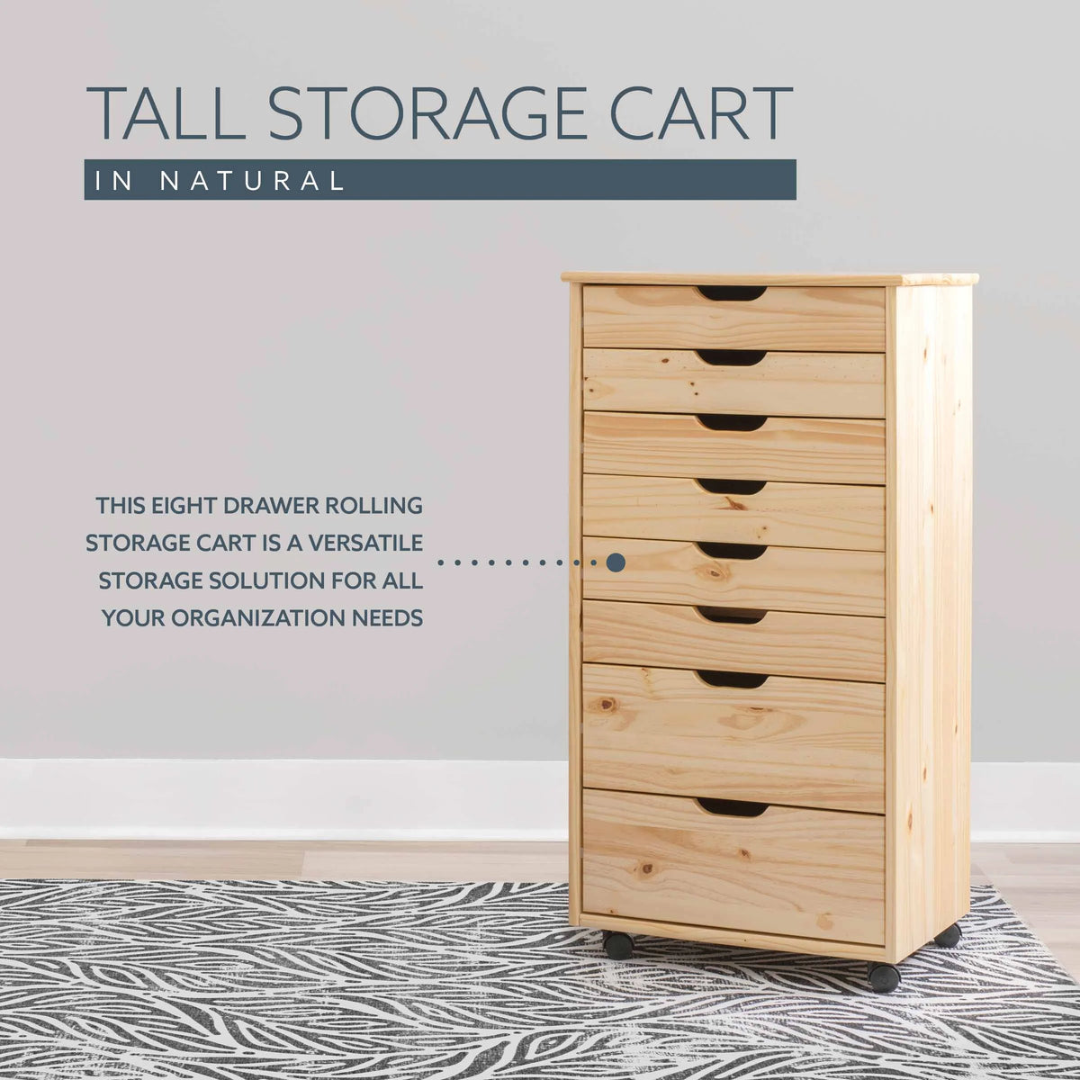 Linon Callie Eight Drawer Rolling Storage Cart in Natural Stained Wood