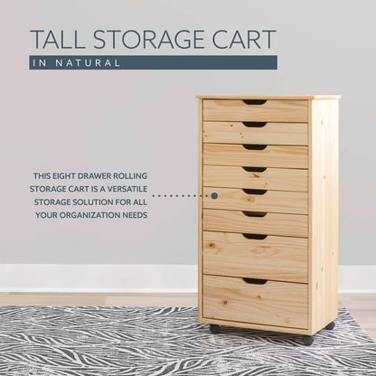 Linon Callie Eight Drawer Rolling Storage Cart in Natural Stained Wood