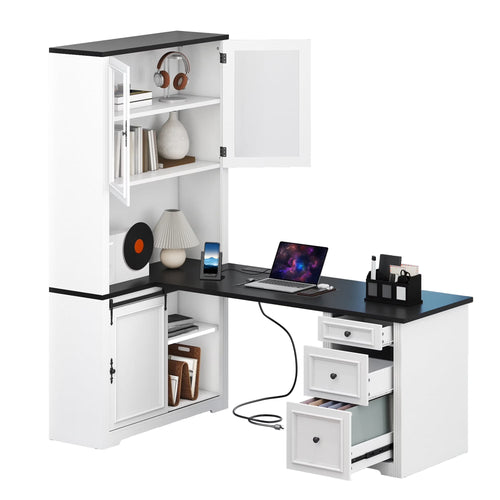 Craftian Executive Desk with Hutch, L Shape Computer Desk, Wood Office Desk with Storage Cabinet, White