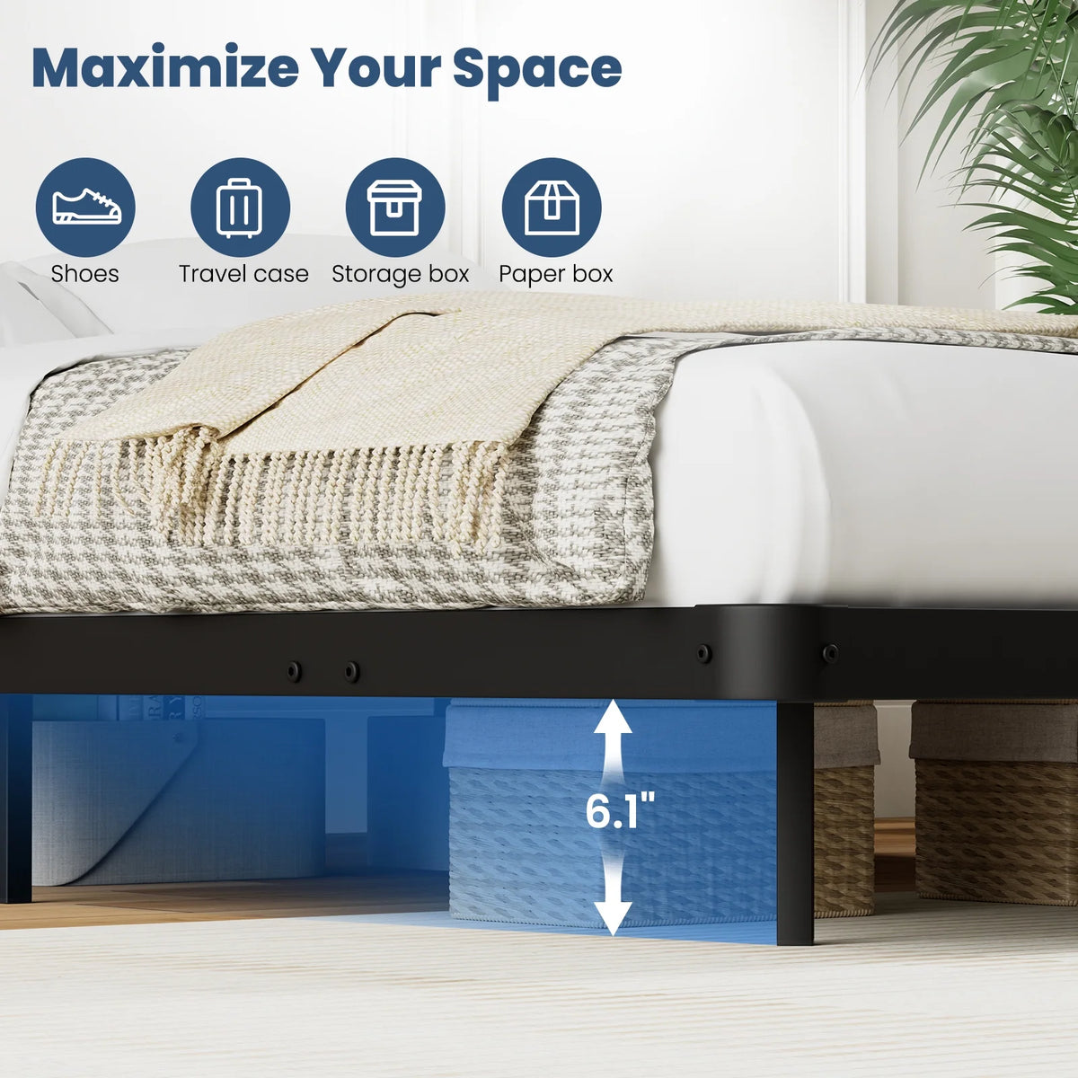Lusimo Floating Bed Frame with LED Lights Queen Size Metal Platform Bed Frame with 6.1" Under Bed Storage Space No Box Spring Needed, Black