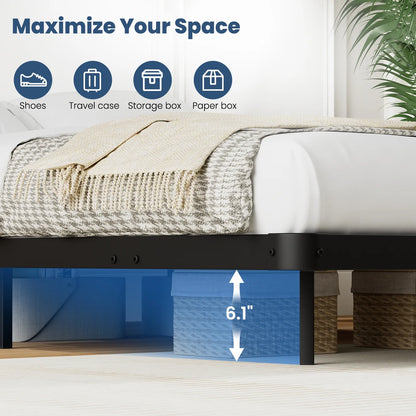 Lusimo Floating Bed Frame with LED Lights Queen Size Metal Platform Bed Frame with 6.1" Under Bed Storage Space No Box Spring Needed, Black