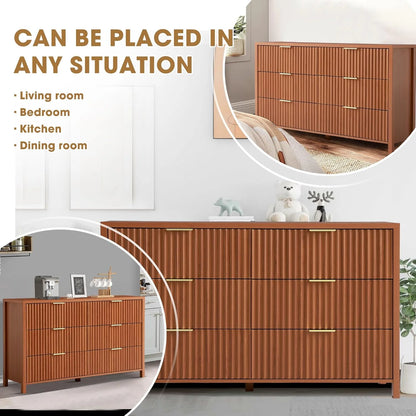 Magic Union Fluted 6 Drawers Dresser for Bedroom, 54" Wide Chest of Drawers with Thick Plank Styling, Wooden Storage Drawer Organizer for Bedroom, Living Room,Hallway, Entryway, Brown