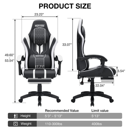 HOFFREE Big and Tall Gaming Chair with Speakers and RGB Lights, Gamer Chair with Footrest, Lumbar Support Height Adjustable 360-Swivel Seat and Headrest for Adults, 400lbs