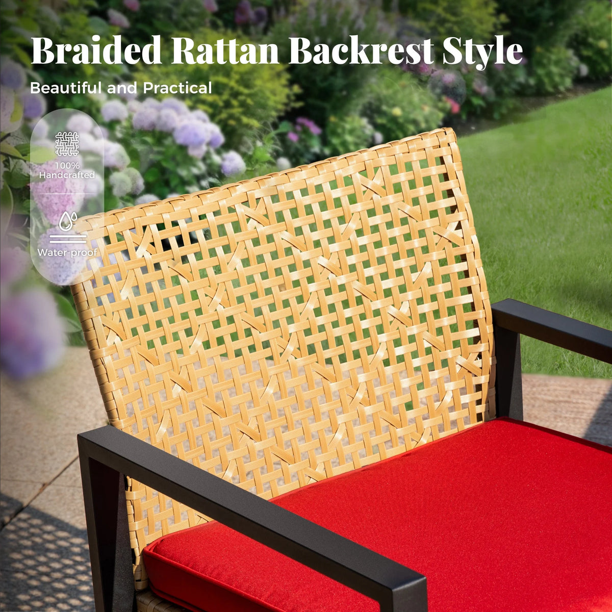 MF Studio 4-Piece All-Weather Rattan Patio Furniture Set, Outdoor Conversation Set with Wood Table, Brown and Beige