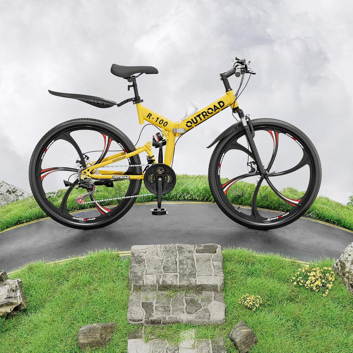 SUNCROWN 26 Inch Folding Mountain Bike, 21 Speed Full Suspension High-Carbon Steel MTB Foldable Bicycle, Dual Disc Brake Non-Slip Folding Bikes for Adults/Men/Women, Black