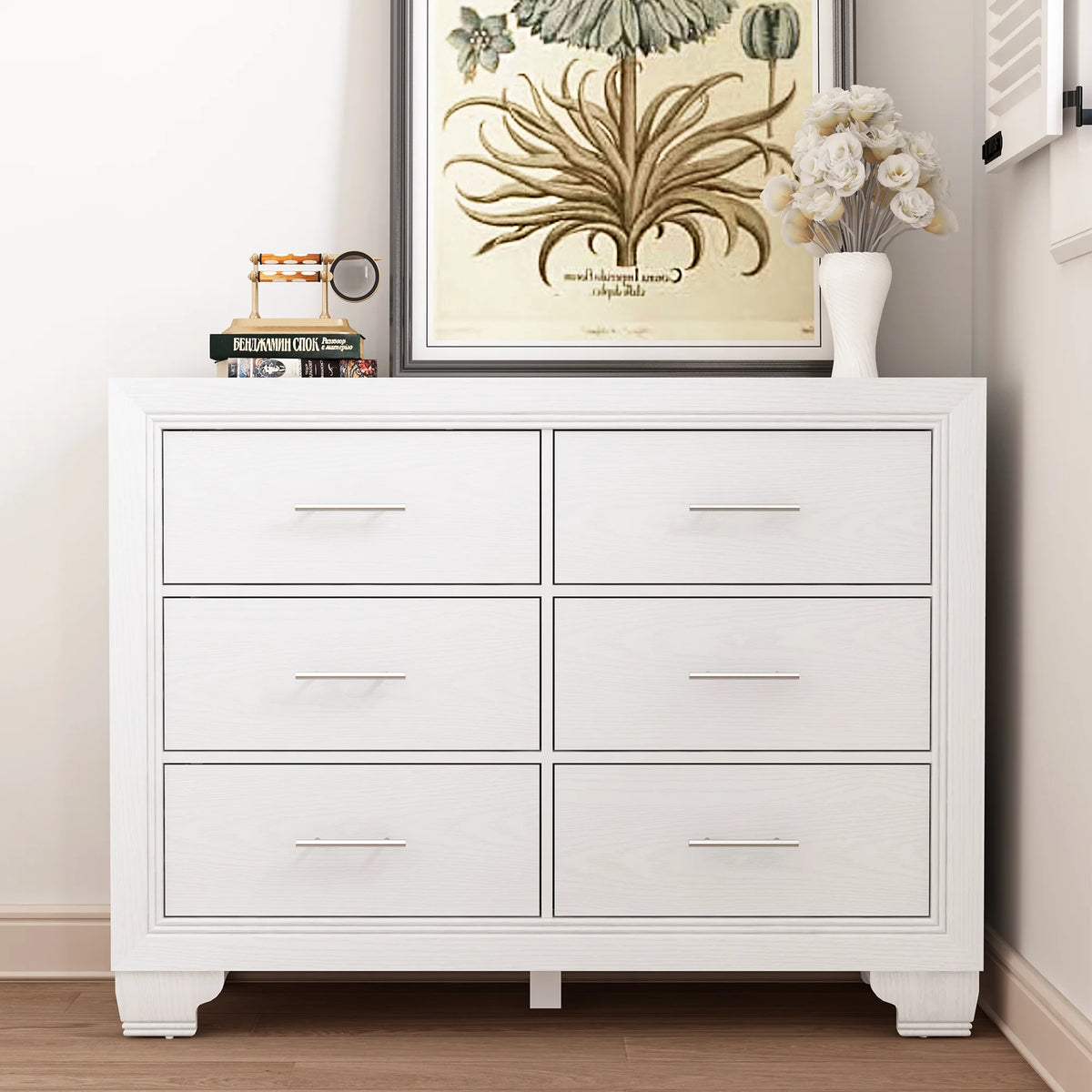Homhougo White Dresser for Bedroom 6 Drawer, Wood Organizer Storage Cabinet with Gray Strip Drawer Door, Chest of Drawers for Closet, Living Room, Hallway, Nursery, Kids Bedroom