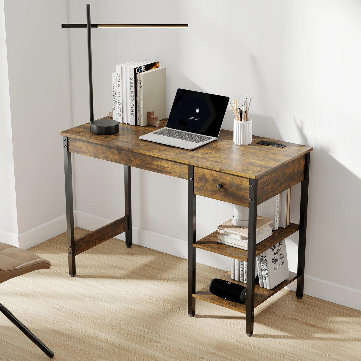 Manxile Fluted Computer Desk with USB Ports & Power Outlet, Modern White Study Table with Drawers