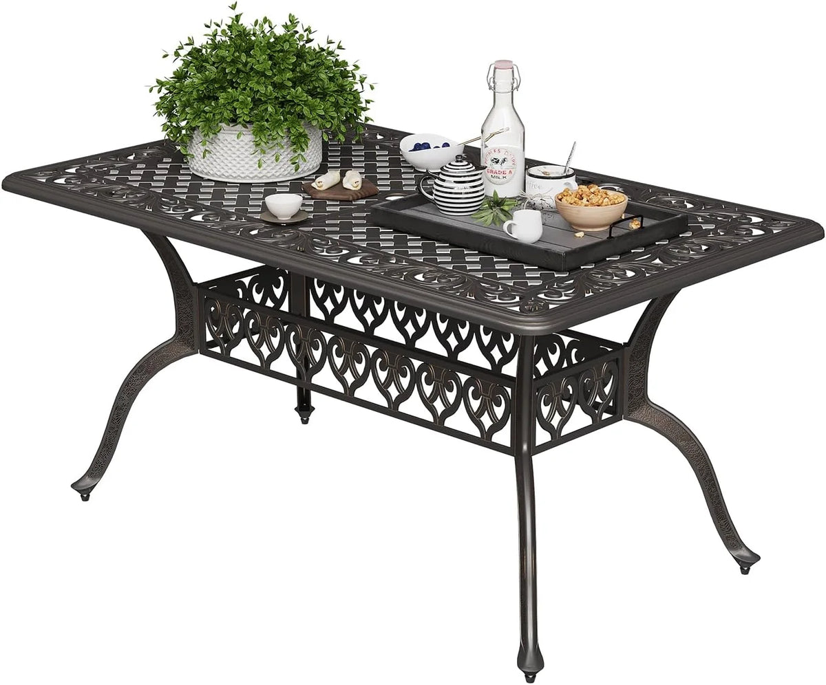 59.06" Cast Aluminum Outdoor Dining Table for 6�? People, Rust-Resistant All-Weather Metal Patio Table with 2" Umbrella Hole, Heavy-Duty Garden Furniture for Deck, Backyard, Dark Bronze, Only Desk
