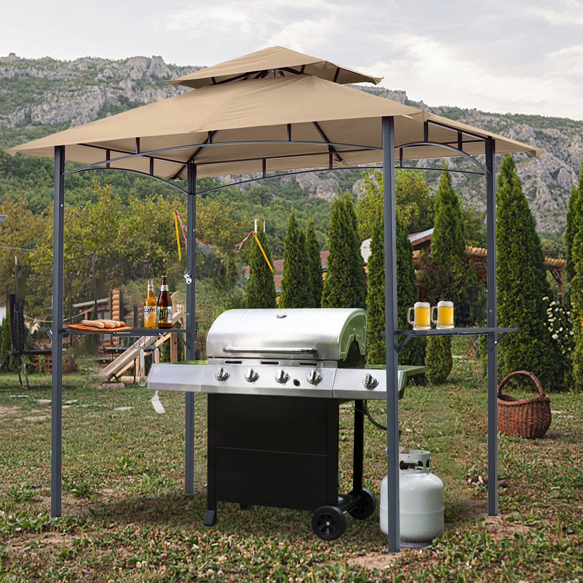 ABCCANOPY 8'x 5' Grill Gazebo Shelter, Double Tier Outdoor BBQ Gazebo Canopy with LED Light(Brown)
