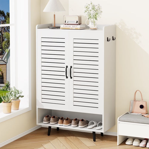 Shoe Cabinet with Doors,7-Tier Modern Shoe Storage Cabinet with Adjustable Shelves,50" Large Wooden Shoe Cabinet Storage for Entryway Front Door Hallway Living Room,White