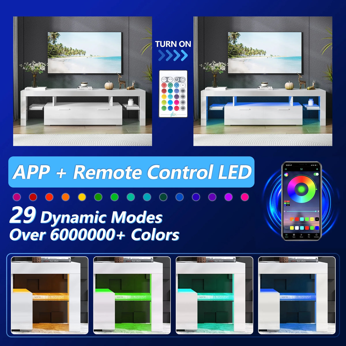 UHOMEPRO TV Stand for TV up to 70", Living Room Entertainment Center with RGB LED Lights and Storage Shelves Furniture, White High Gloss TV Cabinet Console Table