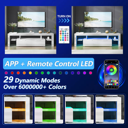 UHOMEPRO TV Stand for TV up to 70", Living Room Entertainment Center with RGB LED Lights and Storage Shelves Furniture, White High Gloss TV Cabinet Console Table