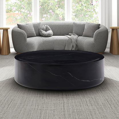 31.49'' Round Coffee Table with Marble Texture, Modern Low Drum Circle Fiberglass Coffee Table, Side Table Accent Table for Living Room, Outdoor, No Need Assembly, Marble