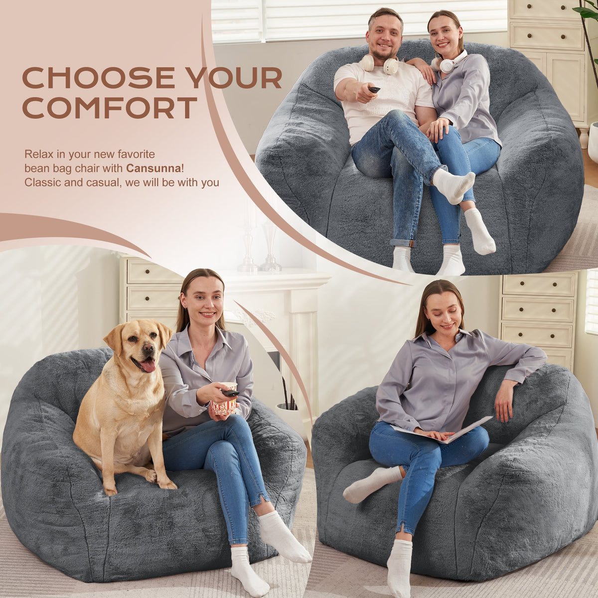 HOMGUAVA Giant Bean Bag Chair for Adults & Kids, Oversized Lounger Couch Large Lazy Chair w/ Stuffed Memory Foam & Wide Armrests, Light Gray