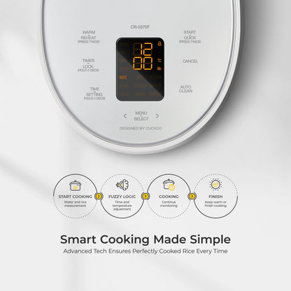 CUCKOO Rice Cooker 6 Cups Cooked with Warmer, Nonstick Pot, and Fuzzy Logic Tech in White (CR-0375FW)